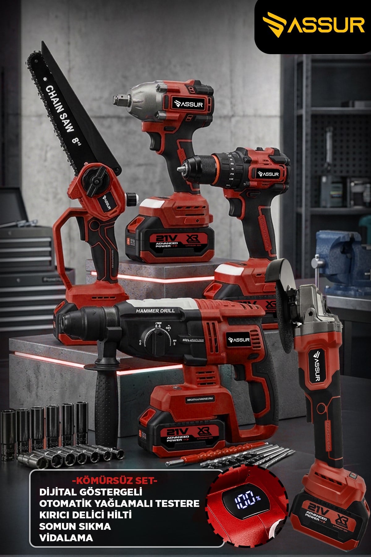 ASSUR 21V Darbeli Kömürsüz 5li Set Kırıcı Delici Hilti-Somun Sıkma-Testere-Matkap Vidalama-Taşlama