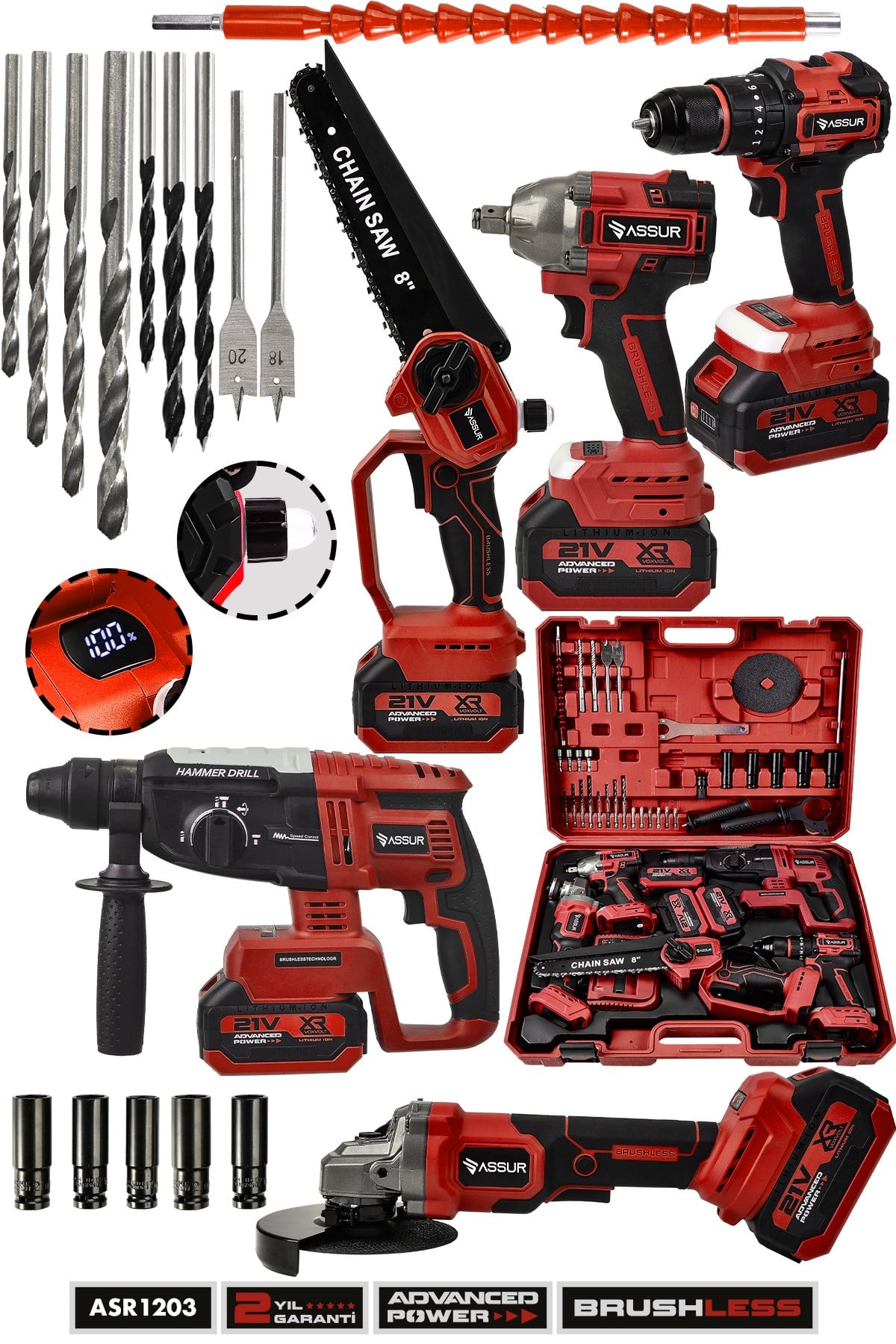 ASSUR 21V Darbeli Kömürsüz 5li Set Kırıcı Delici Hilti-Somun Sıkma-Testere-Matkap Vidalama-Taşlama
