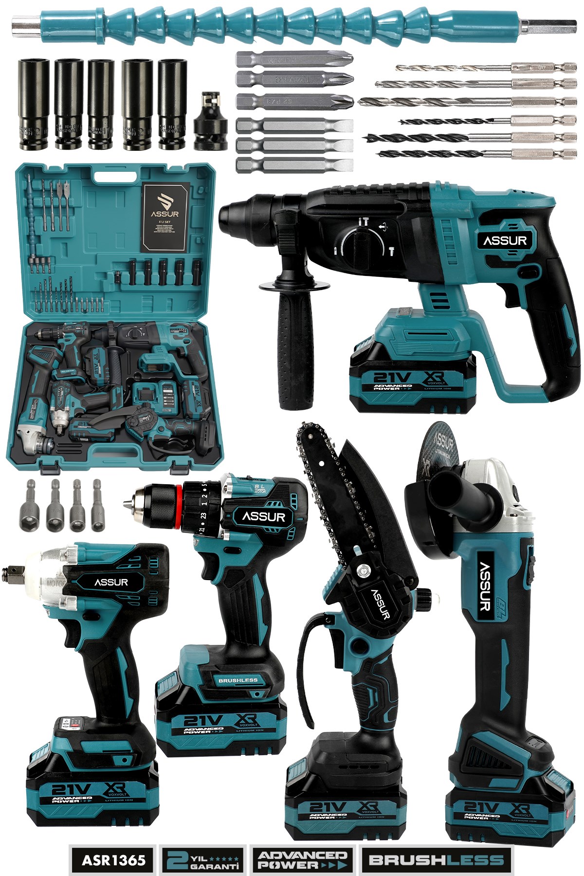 Assur 21V Darbeli Kömürsüz 5'li Set Kırıcı Delici Hilti - Somun Sıkma Sökme - Testere - Taşlama - Akülü Vidalama