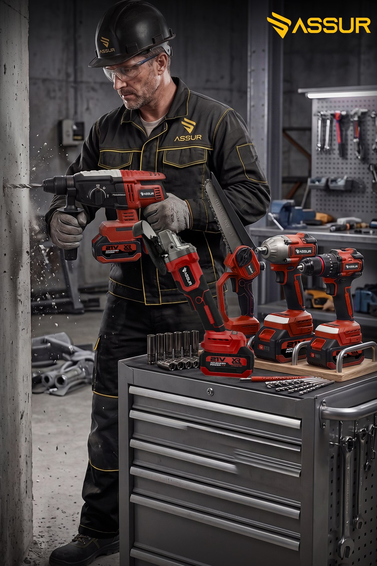 ASSUR 21V Darbeli Kömürsüz 5li Set Kırıcı Delici Hilti-Somun Sıkma-Testere-Matkap Vidalama-Taşlama