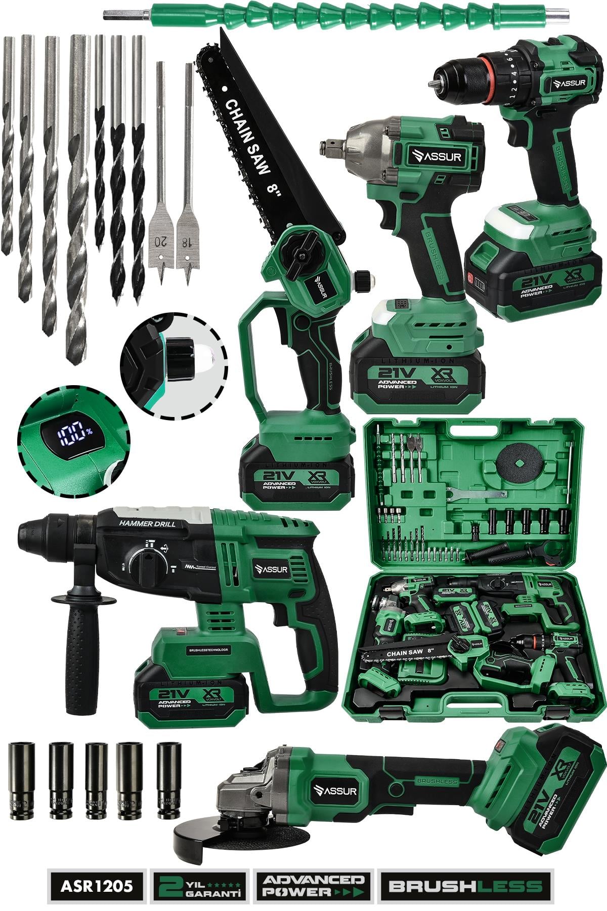 Assur 21V Darbeli Şarjlı 5'li Set Kırıcı Delici Hilti - Taşlama - Somun Sıkma Sökme - Testere - Matkap Vidalama Yeşil