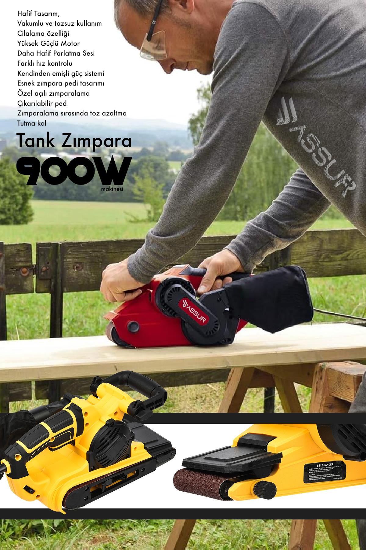 Assur 900W Elektrikli Vakumlu Tozsuz Cila Özellikli Tank Zımpara Makinesi
