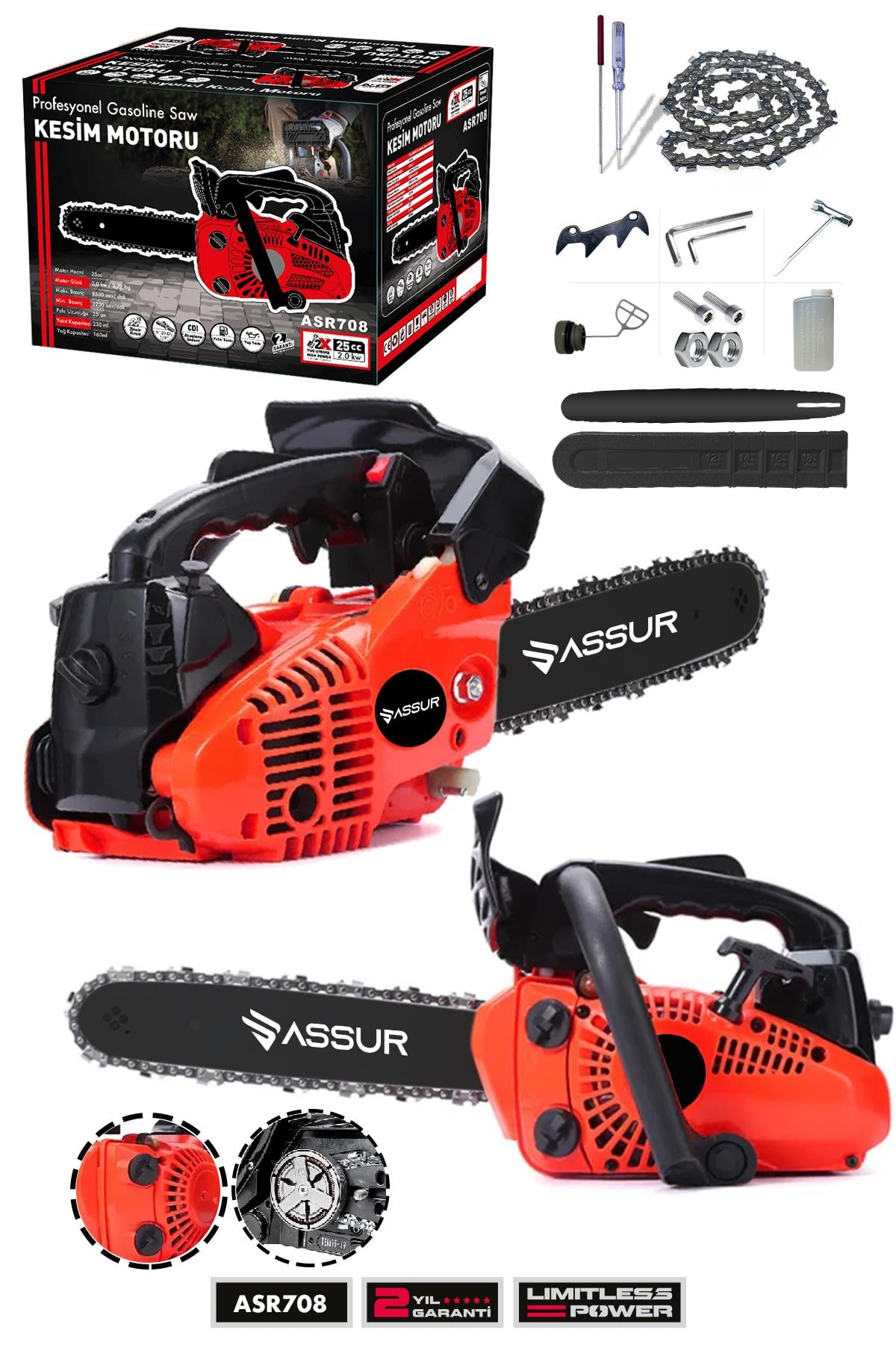 Assur 25cc Mini Benzinli Testere Ağaç Odun Dal Budama Kesme Testeresi Hızar Motoru