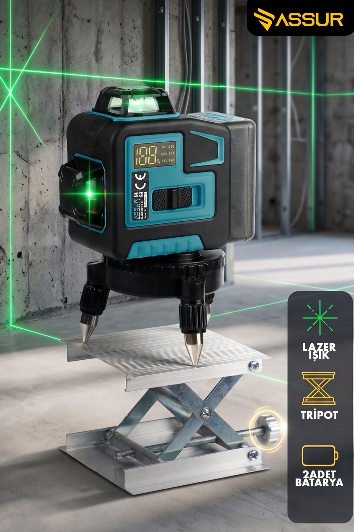 Assur 360° 12 Köşe Otomatik Hizalamalı Yeşil Çizgili Su Terazili Lazer Metre Hizalama