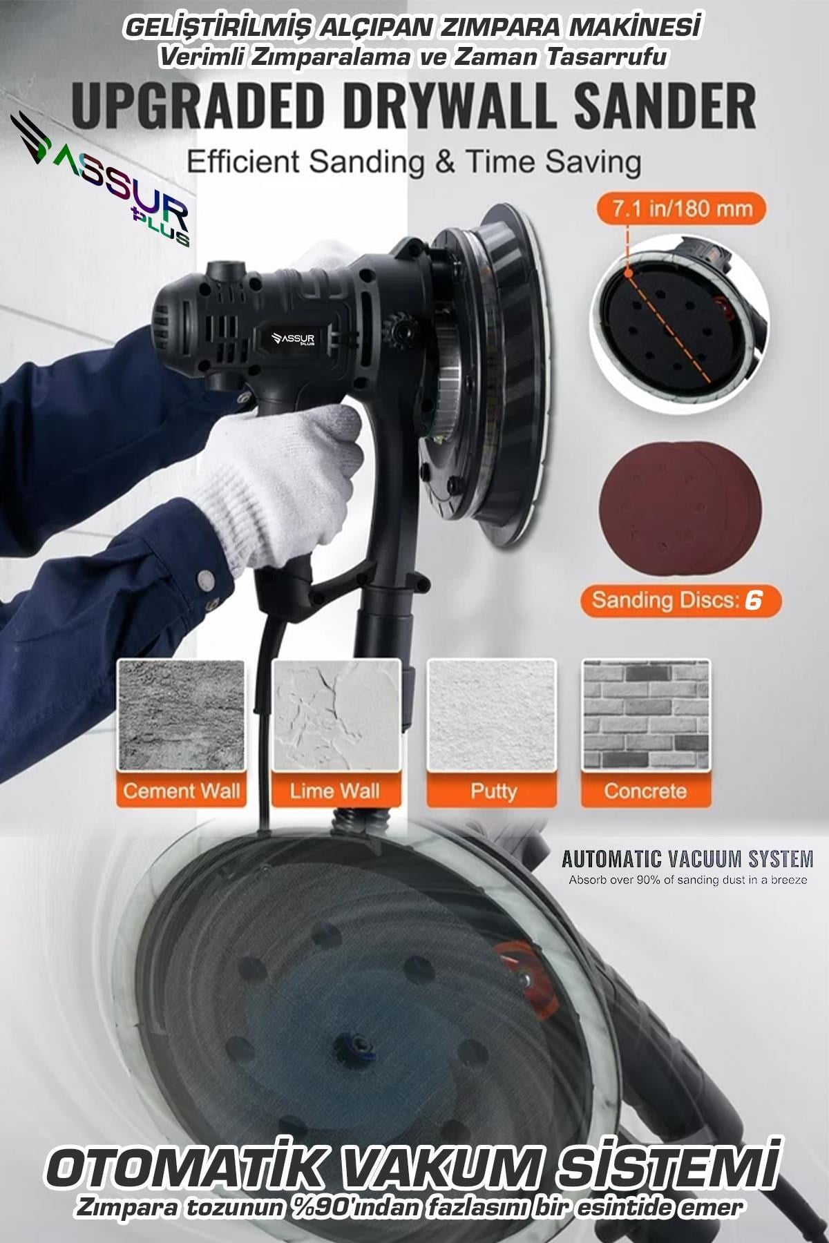 Assur 360Ledli 850W Pro Alçıpan Zımpara Makinası Toz Emmeli
