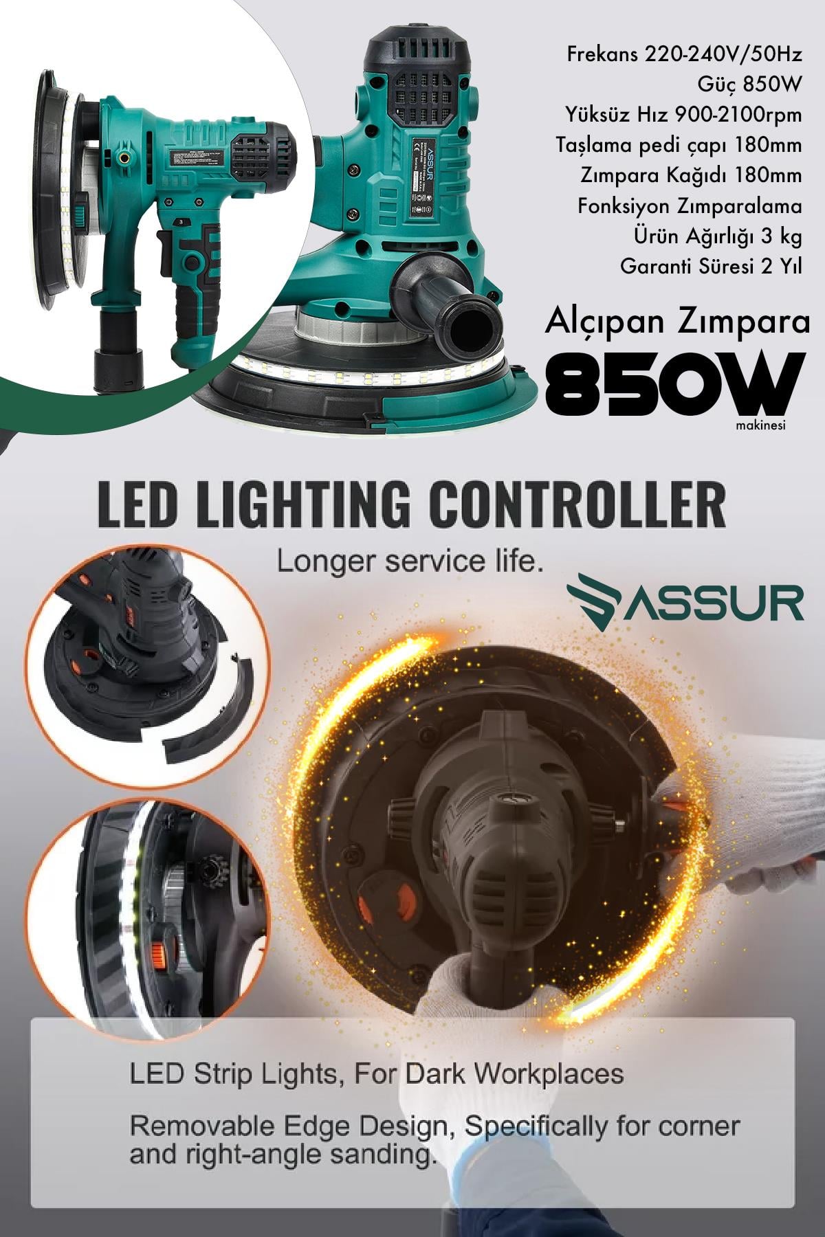 Assur 360Ledli 850W Pro Alçıpan Zımpara Makinası Toz Emmeli