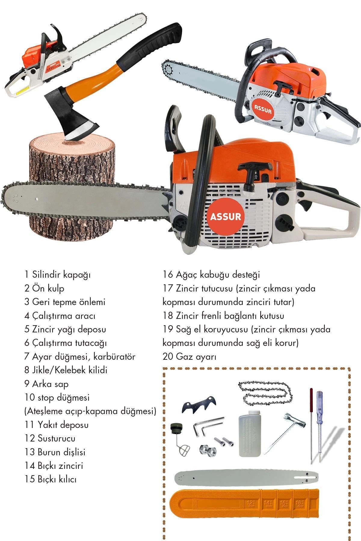 Assur 52 Cc Benzinli Ağaç Odun Dal Kesme 45 Cm Testere