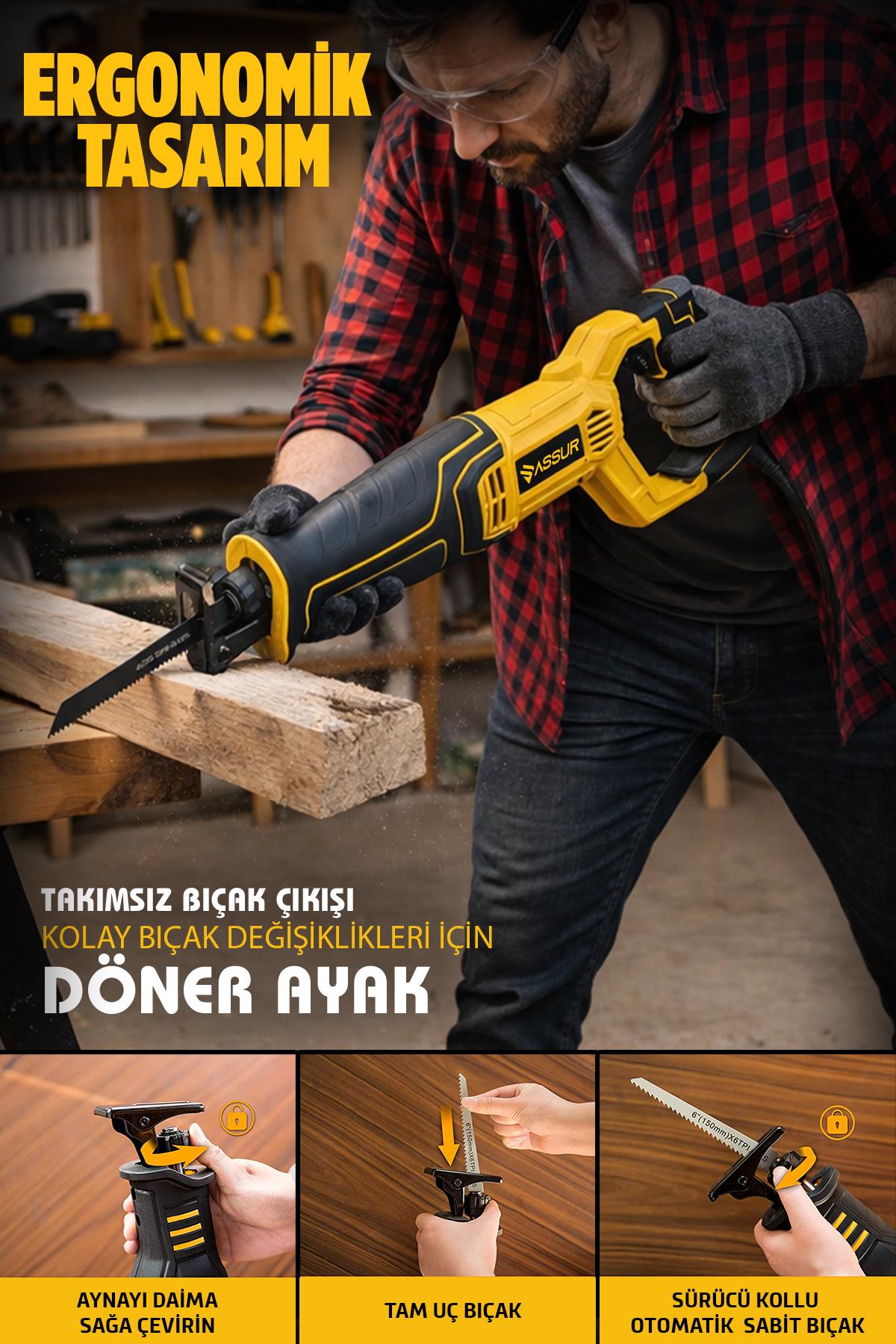 ASSUR 750W Bakır Sargılı 6 Kademe 3 Bıçaklı Devir Ayarlı Tilki Kuyruğu Testere Kemik Kesme Makinesi