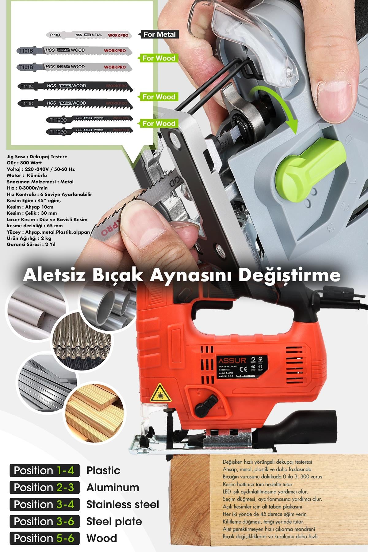 Assur 800 W Devir Ayarlı Dekupaj Testere Makinası
