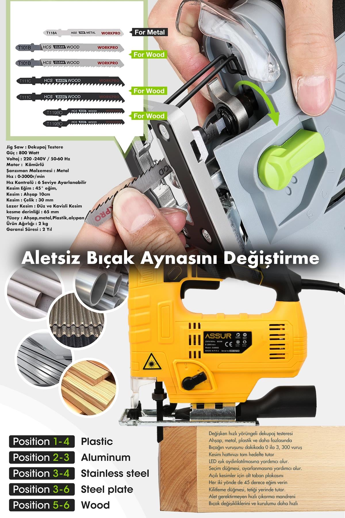 Assur 800 W Devir Ayarlı Dekupaj Testere Makinası