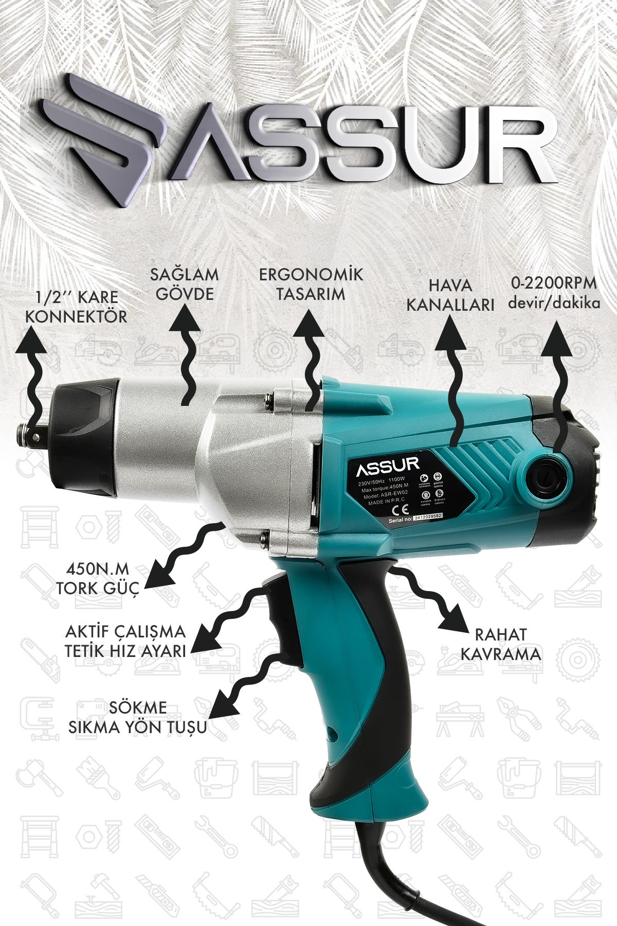 ASSUR 1100W Elektrikli 450 Nm Tork Somun Sıkma Makinesi