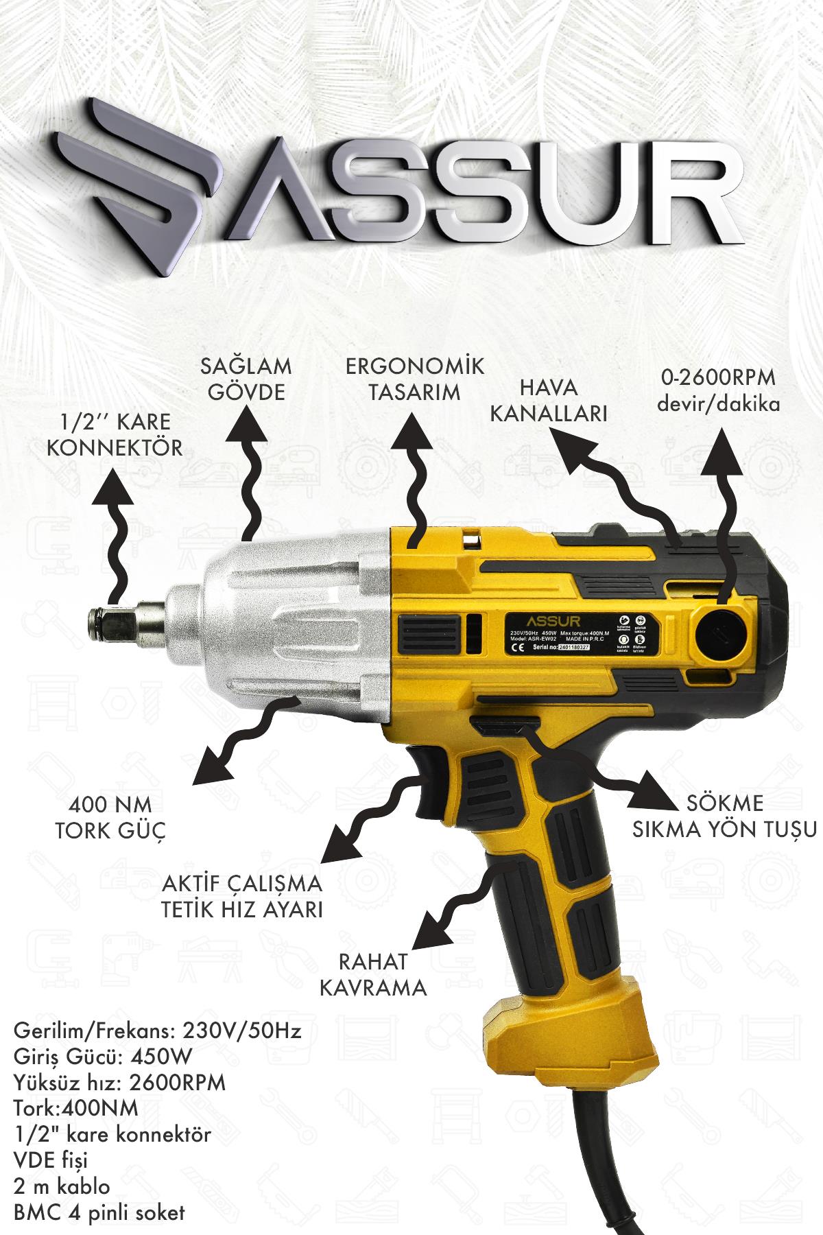 Assur 400 W Elektrikli Somun Sıkma Sökme Makinesi 400 NM Tork 1/2 Başlık