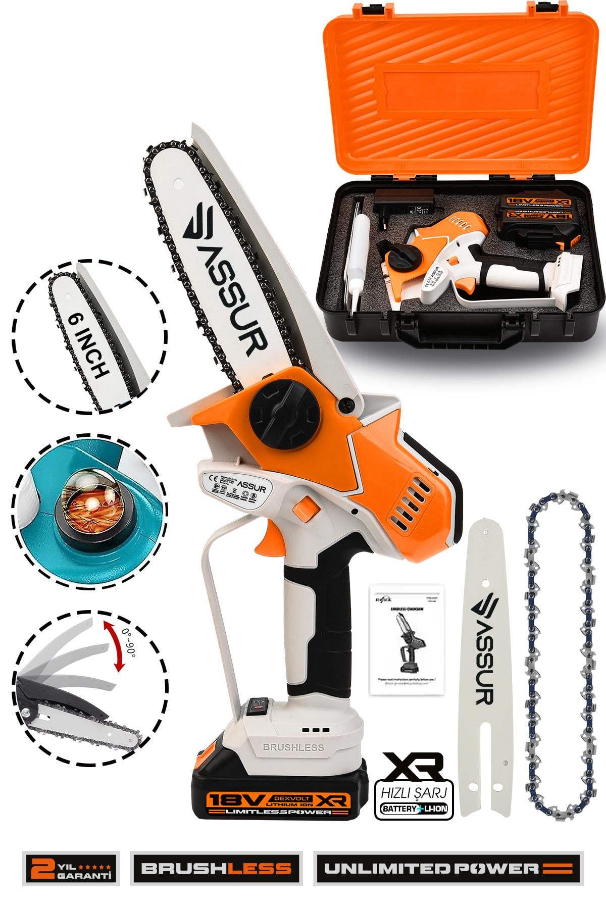 Assur Extra Power Kömürsüz Motor Şarjlı El Testeresi Ağaç Odun Dal Kesme Budama Turuncu
