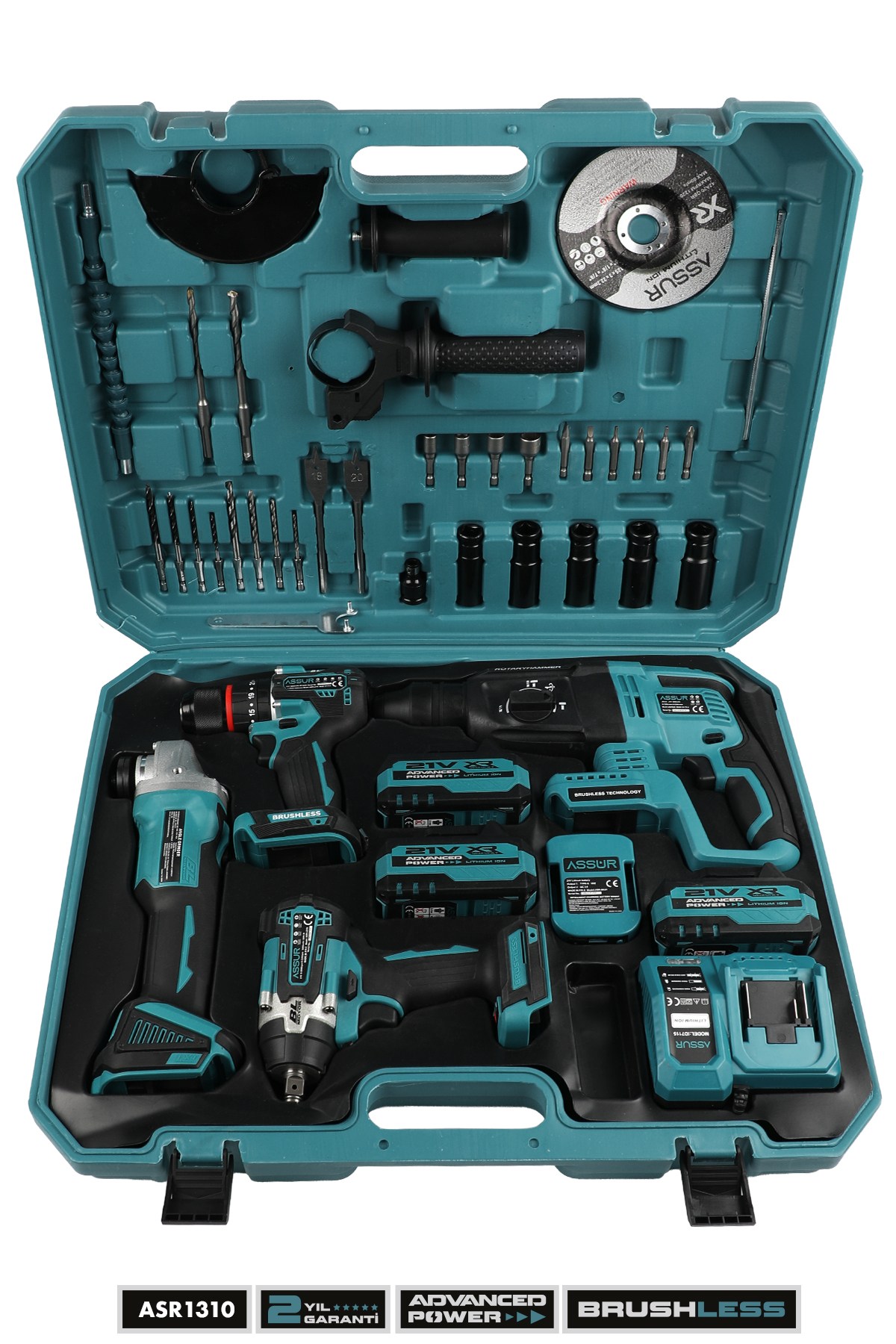 Assur Plus 21V Darbeli Kömürsüz Kırıcı Delici Hilti & Taşlama & Matkap & Somun Sıkma Sökme 4lü Set