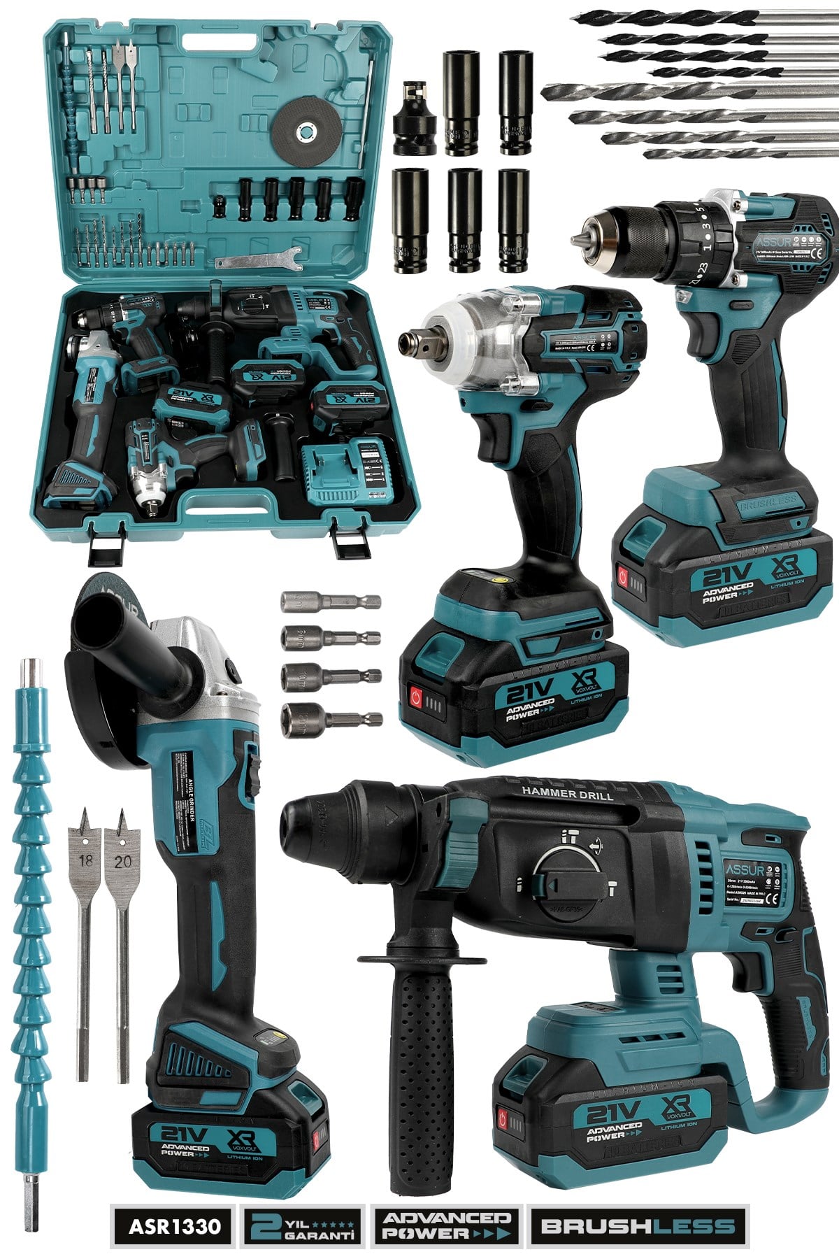 ASSUR 21V Darbeli Kömürsüz Kırıcı Delici Hilti Ve Taşlama Ve Matkap Ve Somun Sıkma 4lü Set