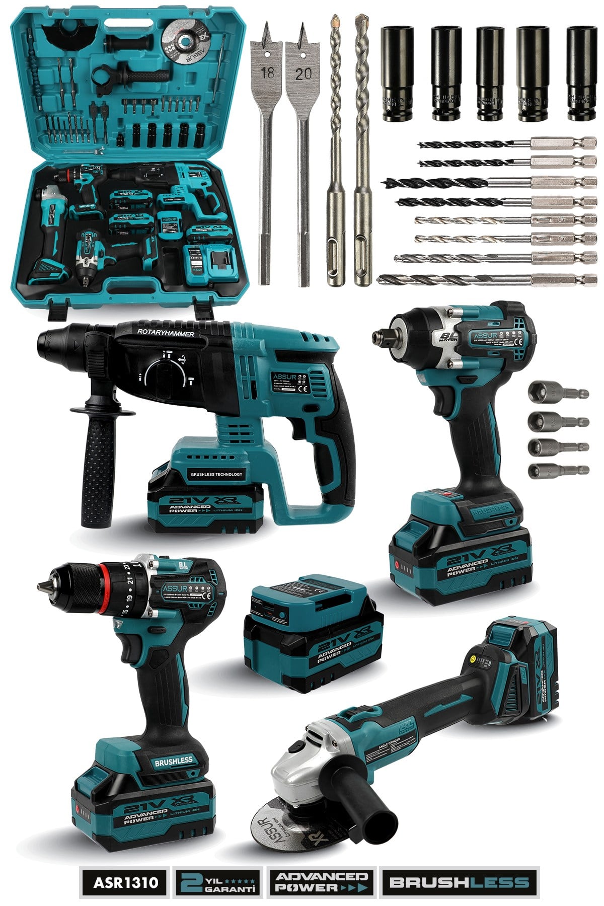 Assur Plus 21V Darbeli Kömürsüz Kırıcı Delici Hilti & Taşlama & Matkap & Somun Sıkma Sökme 4lü Set