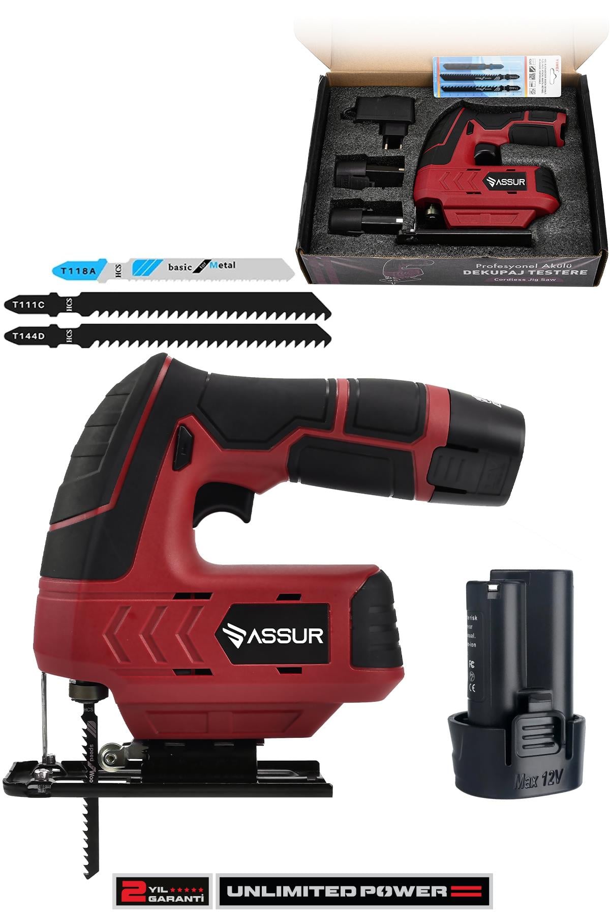 Assur Profesyonel 12 V Çift Akülü Şarjlı Dekupaj Testere Makinesi