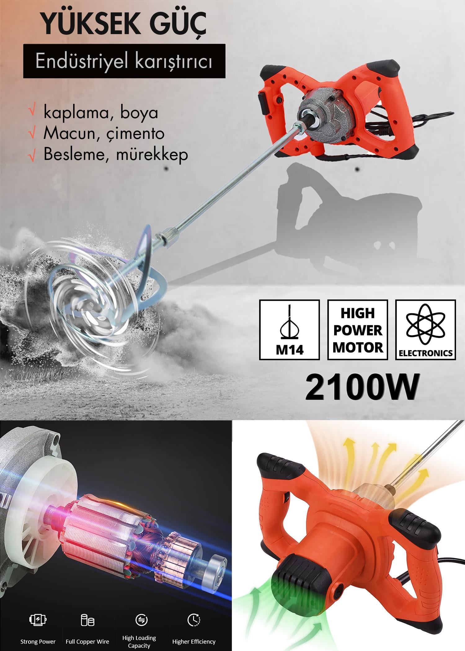ASSUR 1800W Profesyonel Devir Ayarlı Elektrikli Alçı Boya Ve Harç Karıştırıcı Mikser