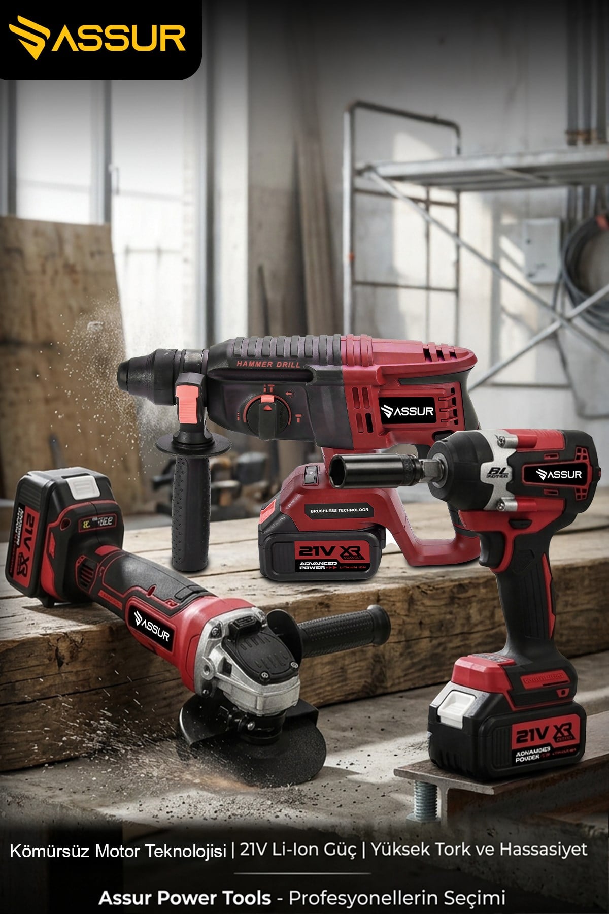 Assur Profesyonel 21V Çift Akü Kırıcı Delici Hilti 2-26mm + Somun Sıkma Sökme + Taşlama 3lü Set