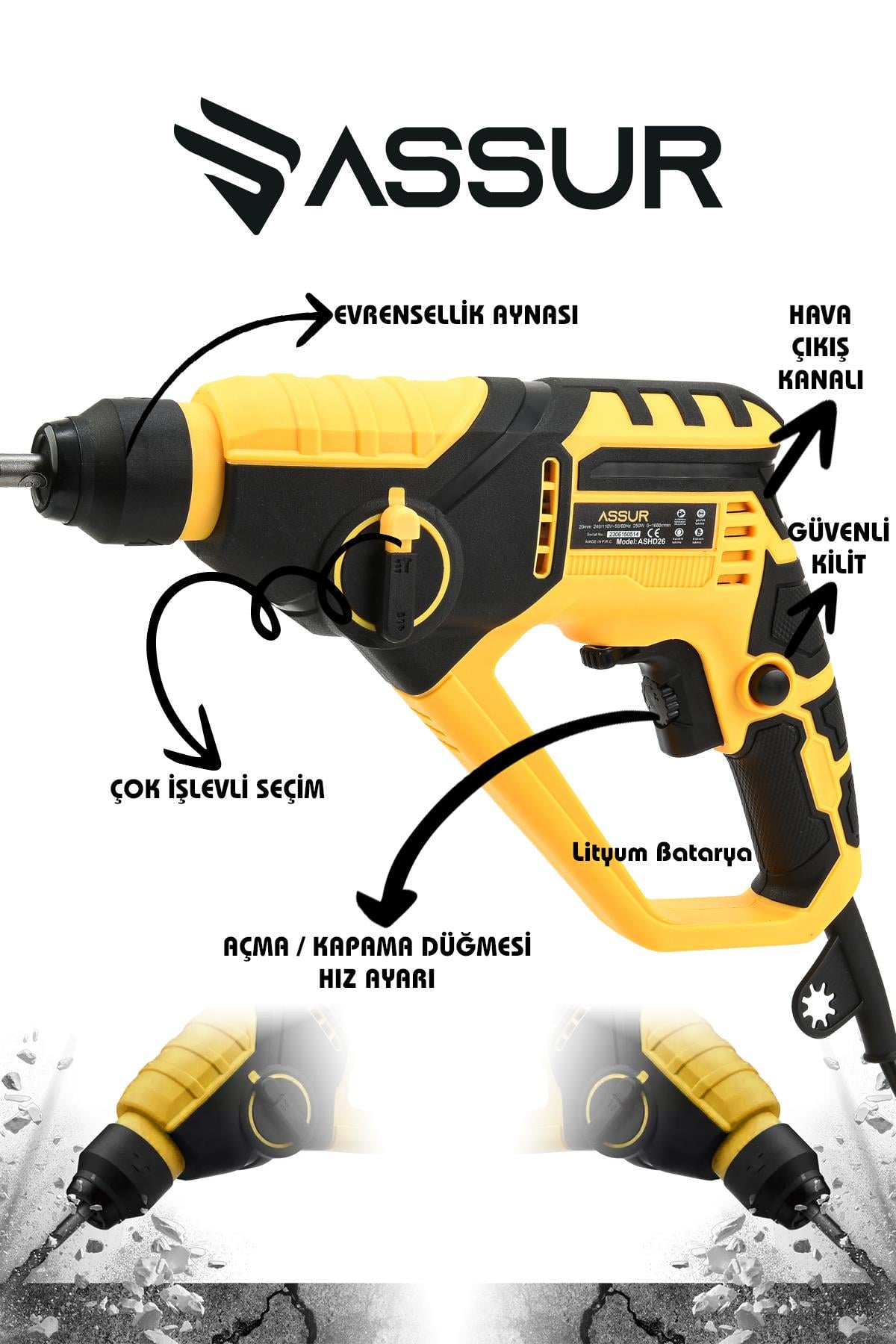 Assur 250W 2 Kademeli Bakır Sargılı Darbeli Kırıcı Delici Hilti