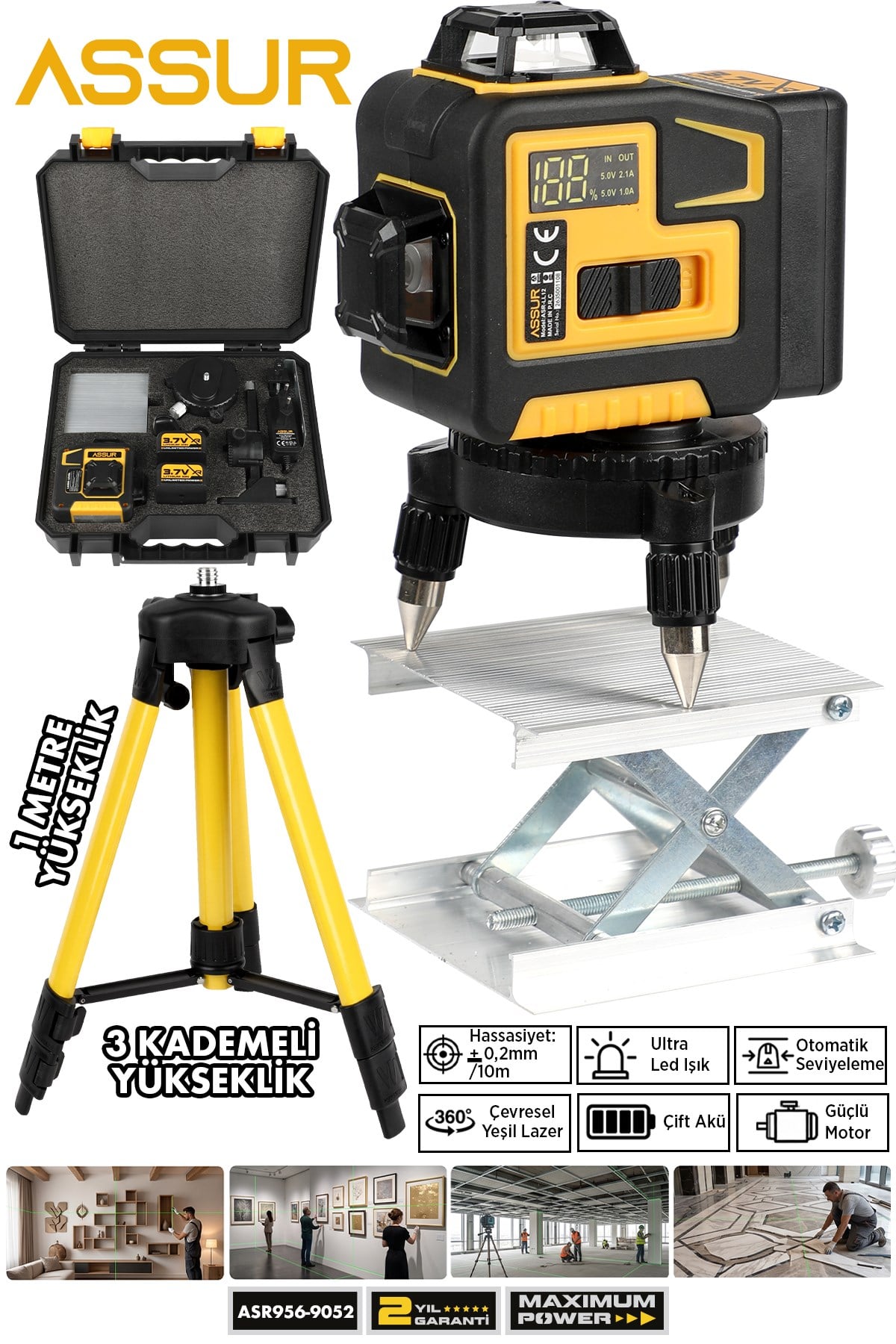 Assur Profesyonel 360° 12 Köşe Otomatik Hizalamalı Tripodlu Yeşil Çizgili Su Terazili Lazer Metre Hizalama