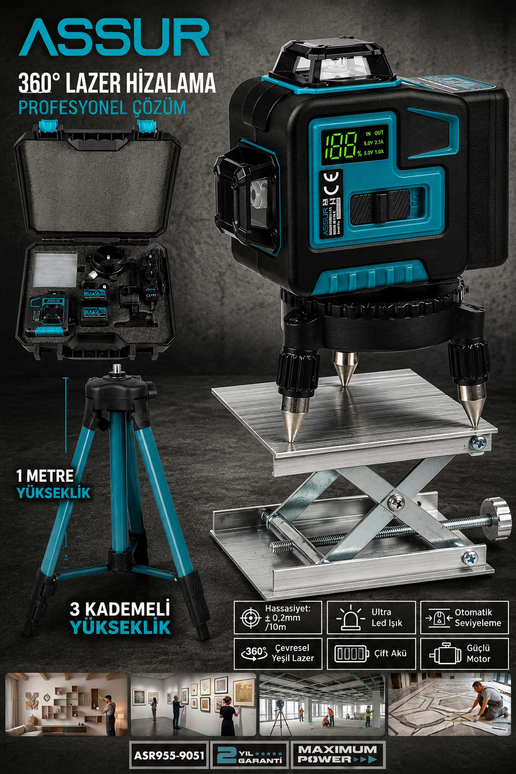 Assur Profesyonel 360 Derece 12 Köşe Otomatik Hizalamalı Yeşil Çizgili Su Terazili Lazer Metre Hizalama Ve Tripod