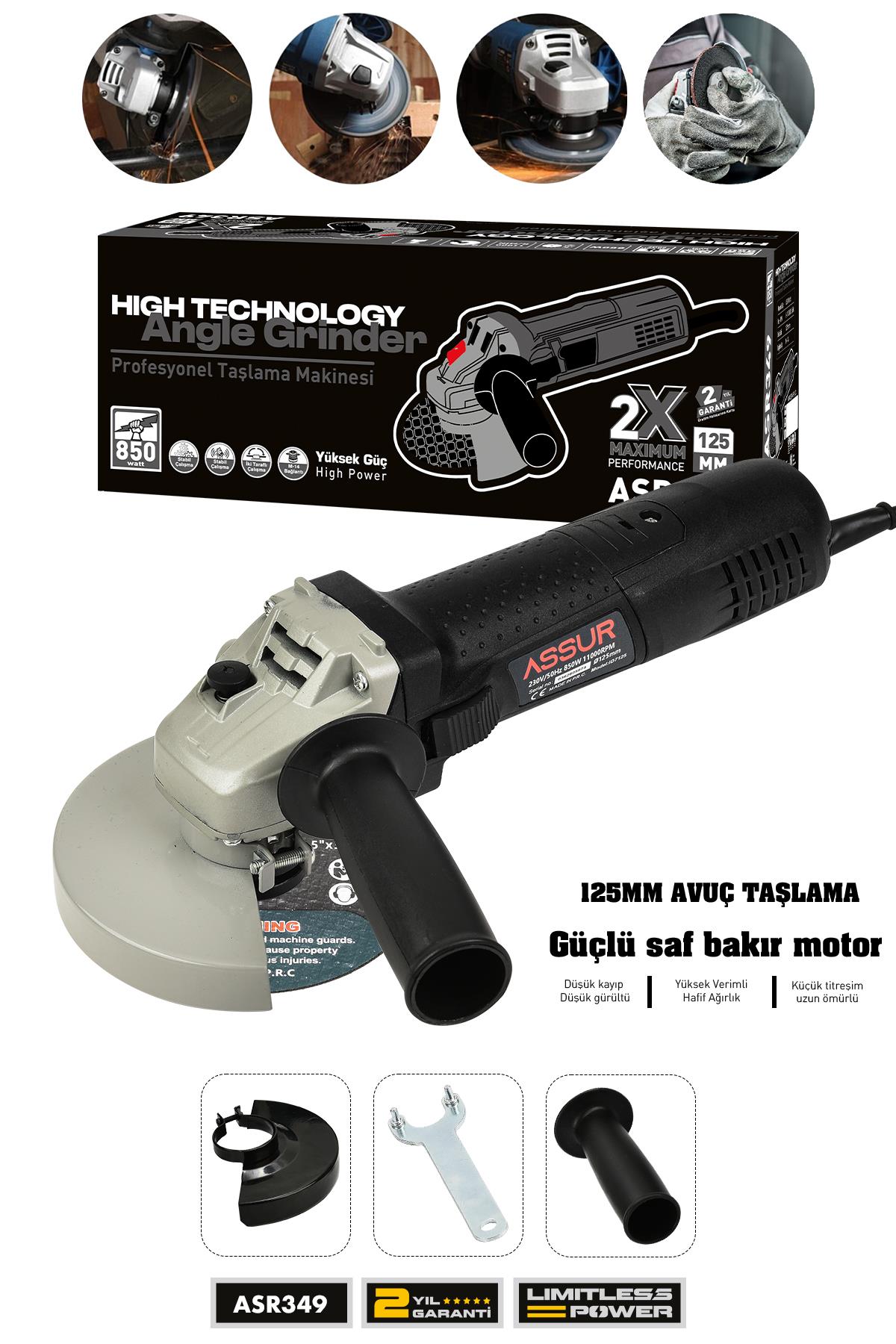 Assur Profesyonel 850W Avuç Taşlama Makinesi 125mm Bakır Sargılı Spiral