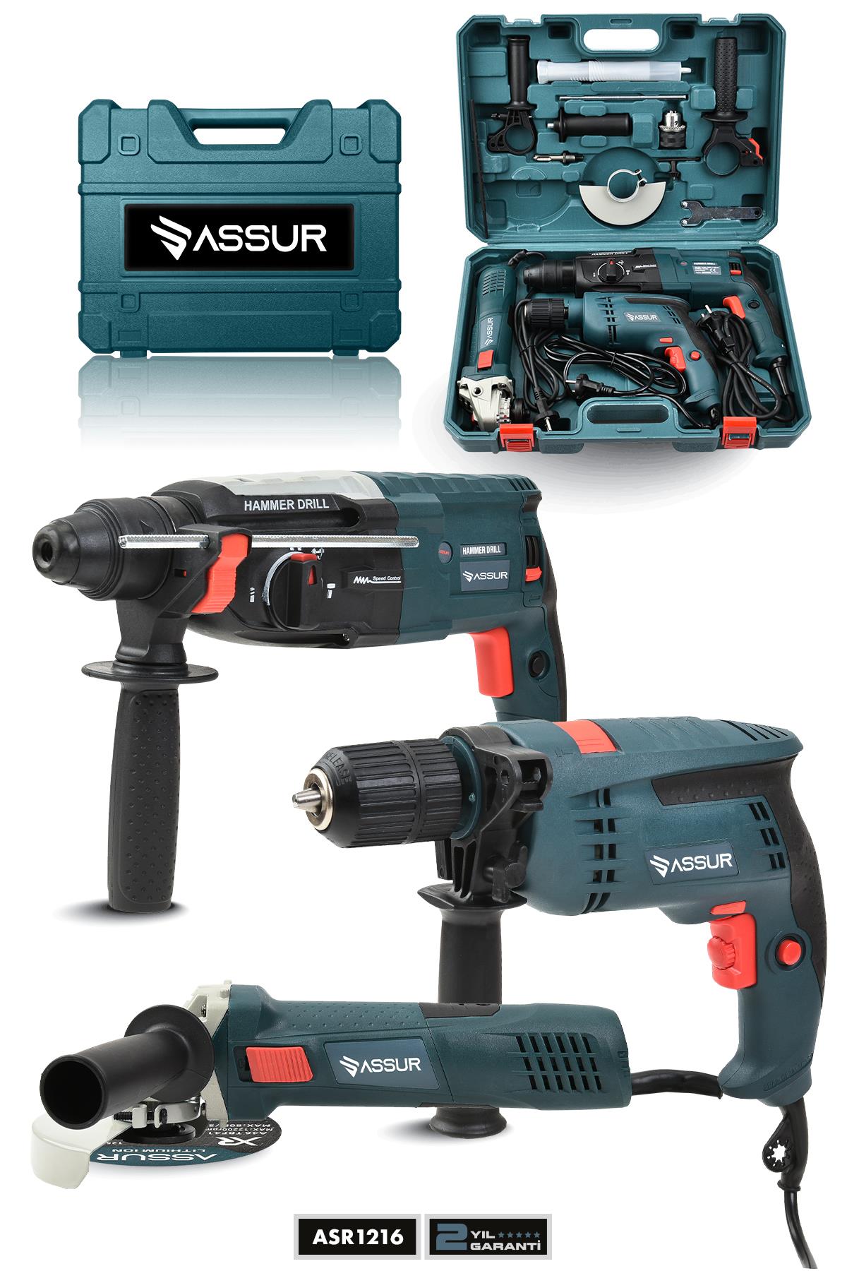 Assur Profesyonel Elektrikli 3lü Set Matkap,Taşlama,Kırıcı/Delici Hilti