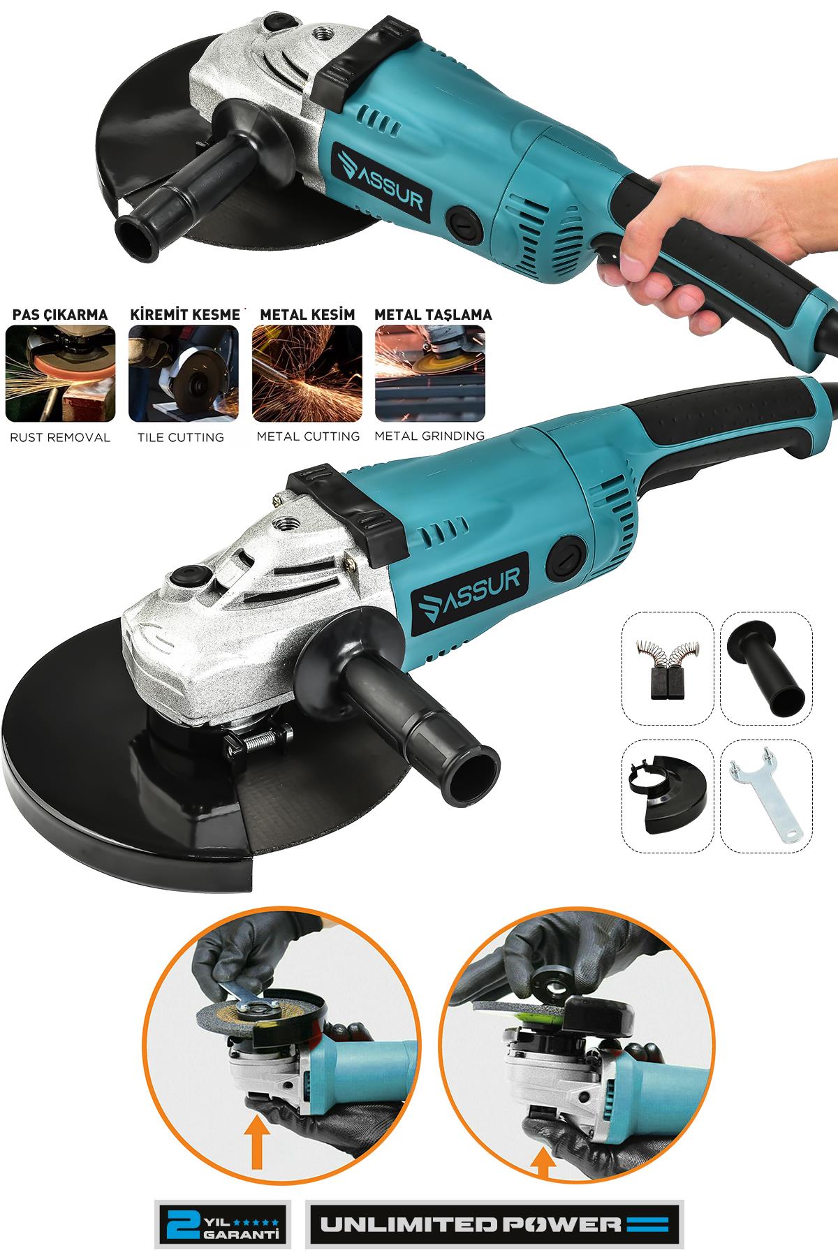 ASSUR 2200W Metal Şanzıman 230mm Disk Çapı Büyük Spiral Taşlama