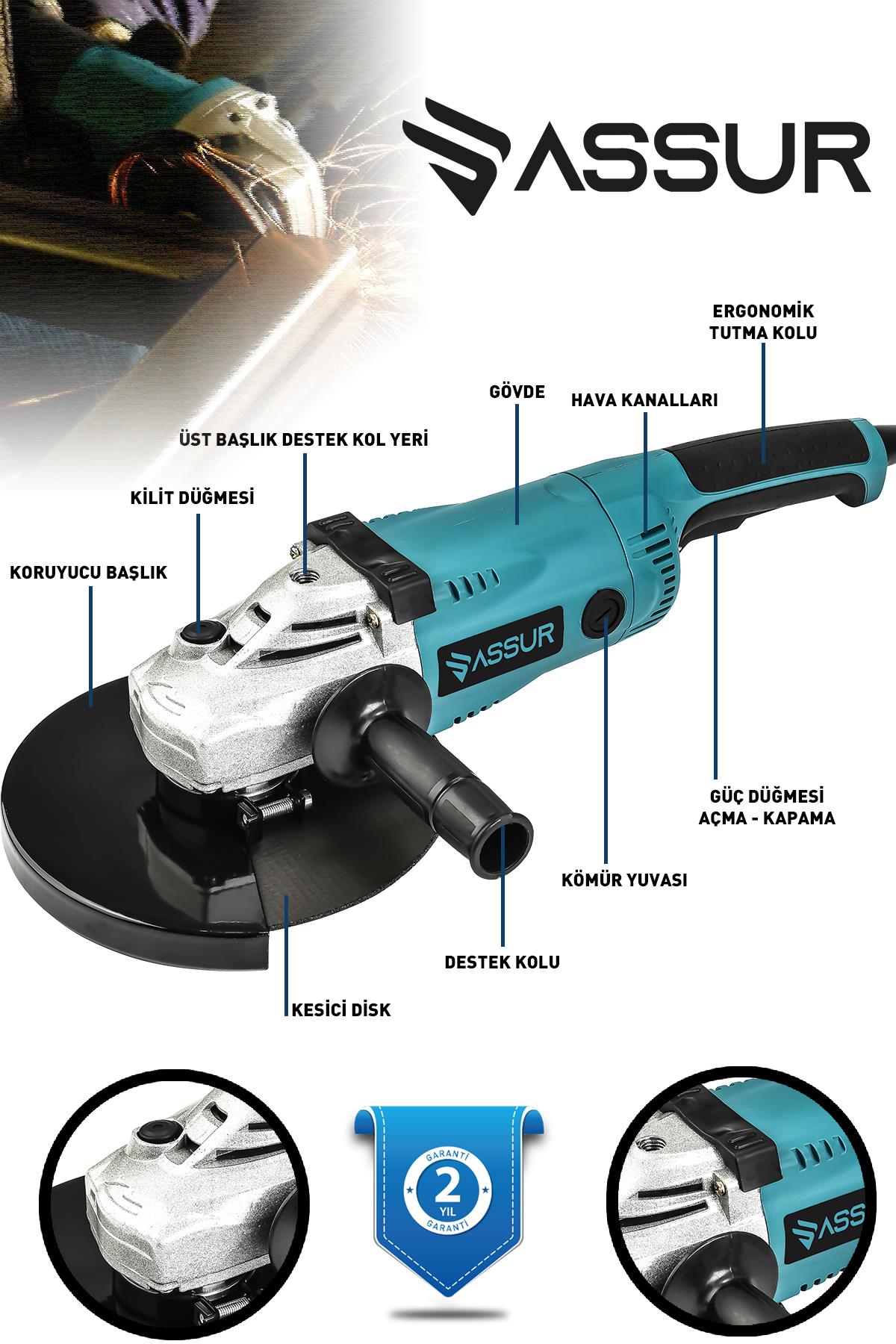 ASSUR 2200W Metal Şanzıman 230mm Disk Çapı Büyük Spiral Taşlama