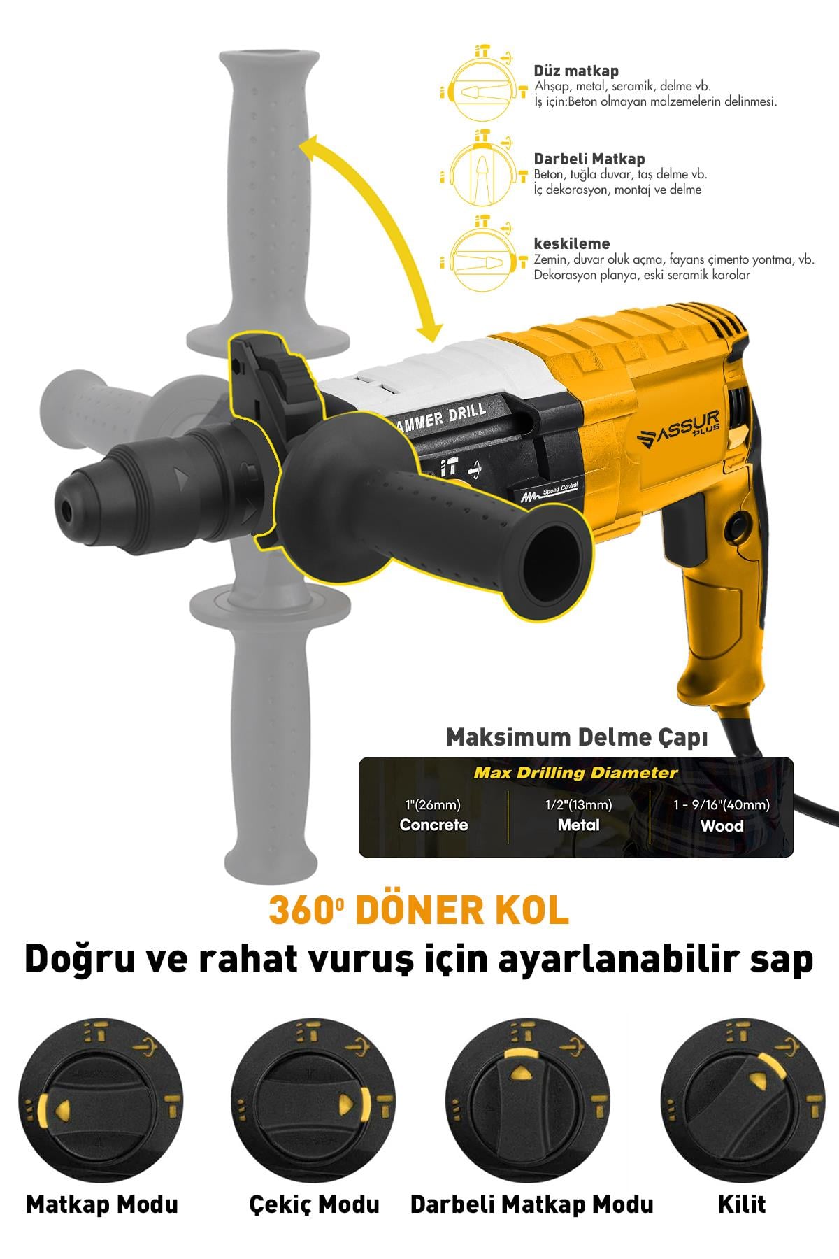 ASSUR 850W Profesyonel Metal Şanzıman Kırıcı Delici Hilti Darbeli Matkap 2-28mm
