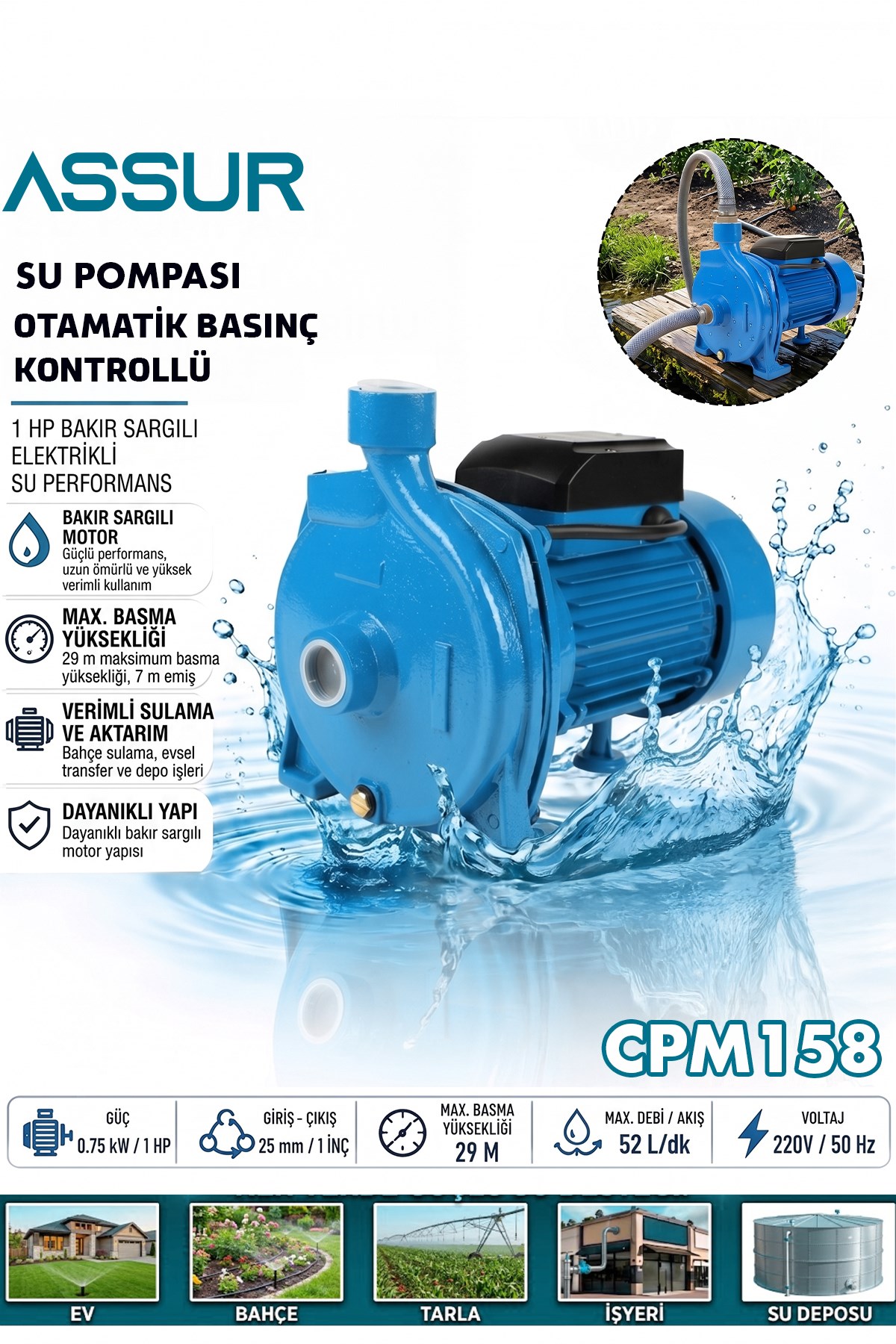 CPM158  29m Basınç Yüksekliği 1 Hp Bakır Sargı Elektrikli Santrifüj Pompa Su Motoru