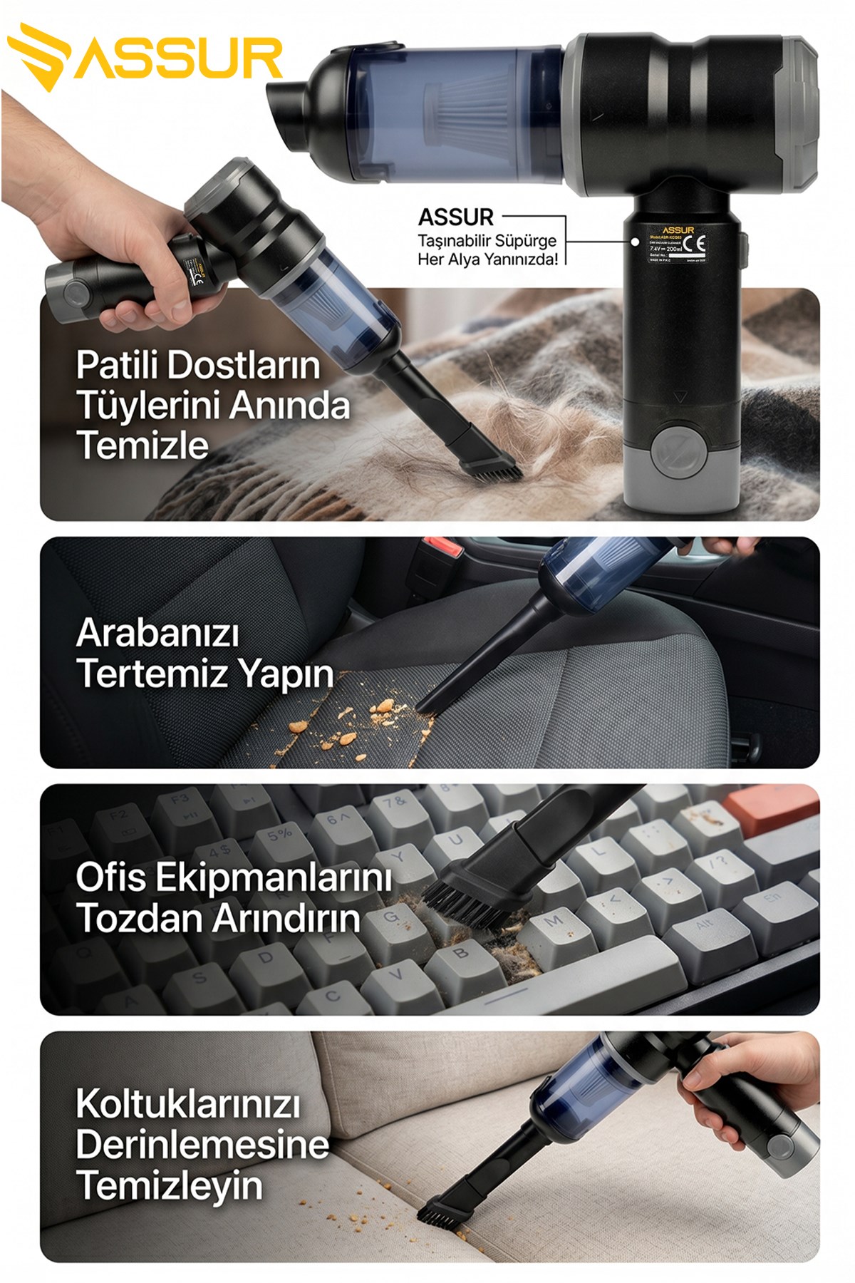 ASSUR 7.2V Type-C Şarjlı Üflemeli Mini Araç Süpürgesi