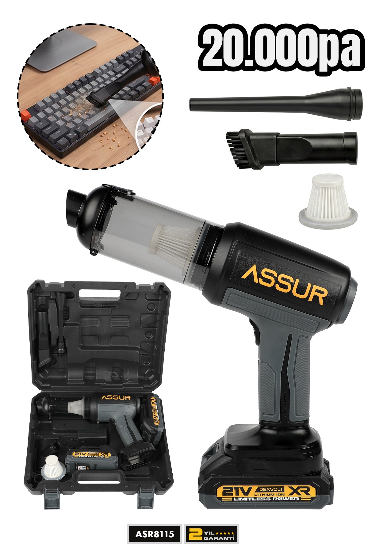 ASSUR 21V 20000Pa Şarjlı Üflemeli Mini Araç Süpürgesi