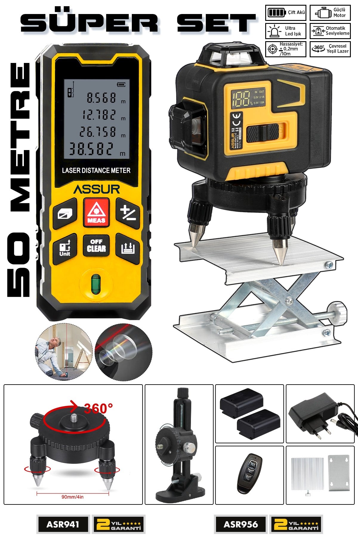 Lazer Metre + 360° 12 Köşe Otomatik Hizalamalı Yeşil Çizgili Su Terazili Lazer Metre Hizalama