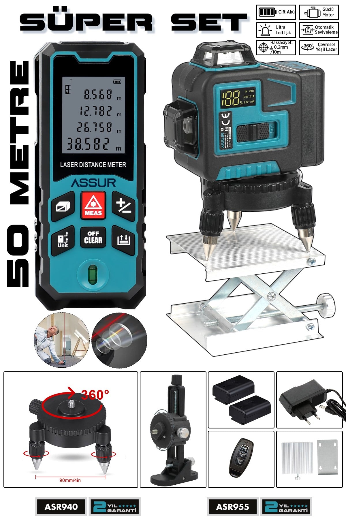 Lazer Metre + 360° 12 Köşe Otomatik Hizalamalı Yeşil Çizgili Su Terazili Lazer Metre Hizalama