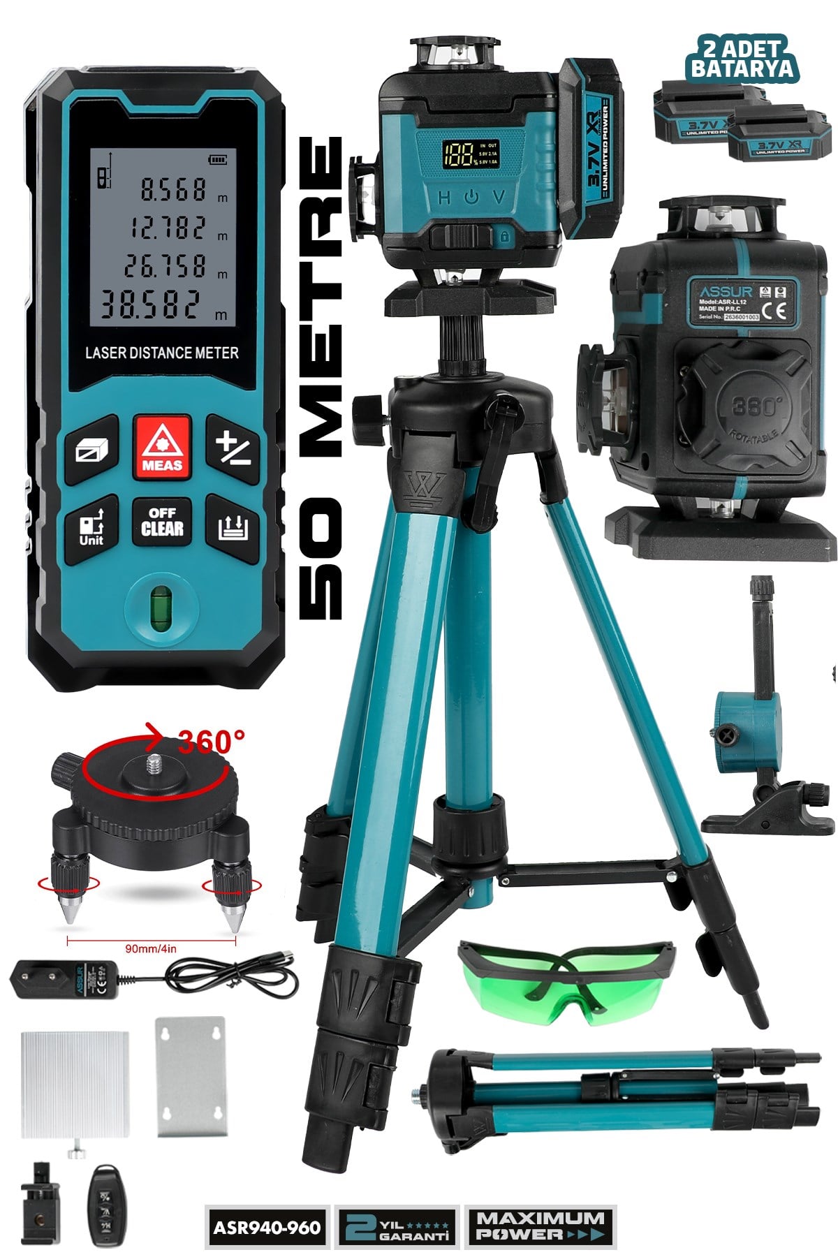 ASSUR 12V Çift Akülü Lazer Metre + 360 Derece 16 Köşe Otomatik Hizalama Tripodlu Lazer Hizalama