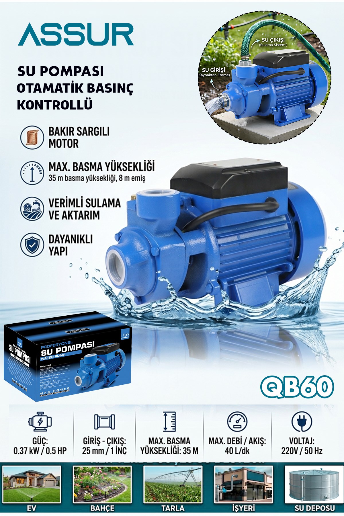 ASSUR Qb60 35m Basınç Yüksekliği 1 HP Bakır Sargı Elektrikli Santrifüj Pompa Su Motoru