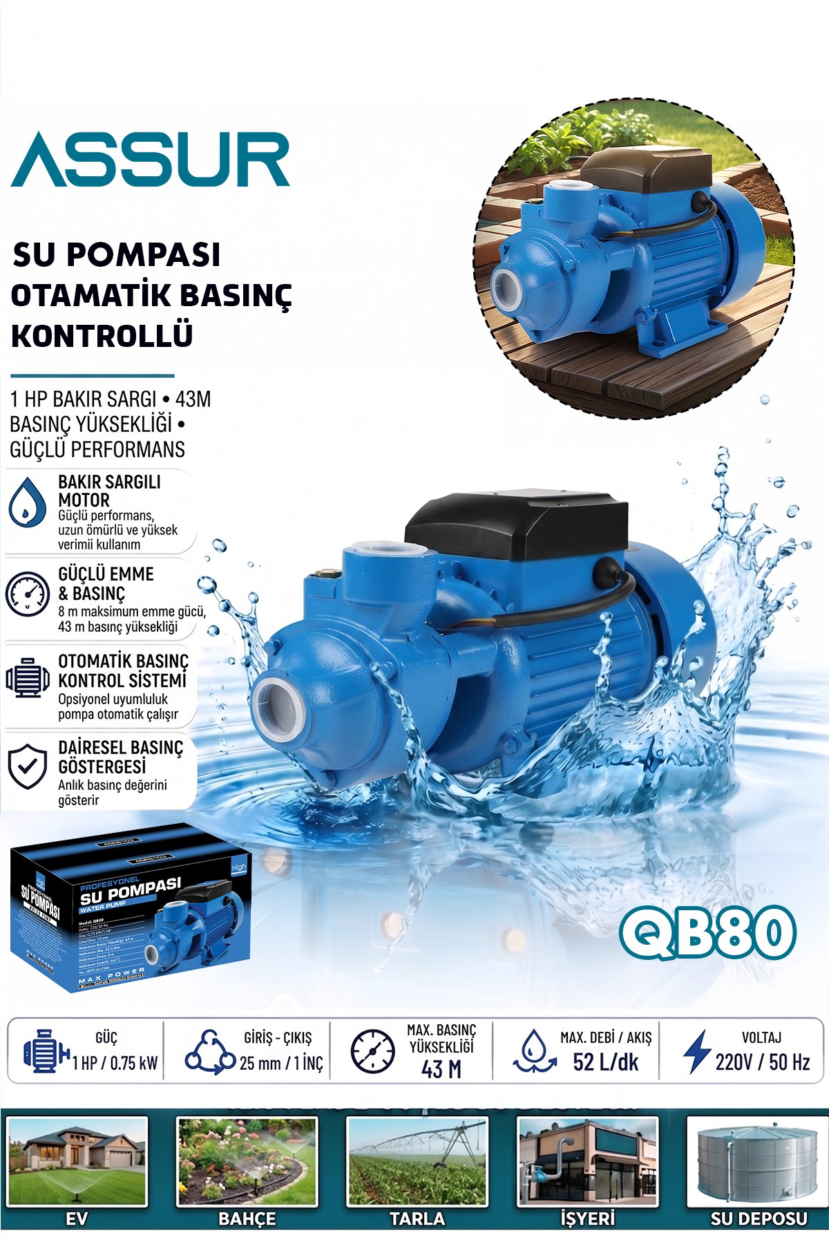 ASSUR Qb80 43m Basınç Yüksekliği 1 HP Bakır Sargı Elektrikli Santrifüj Pompa Su Motoru