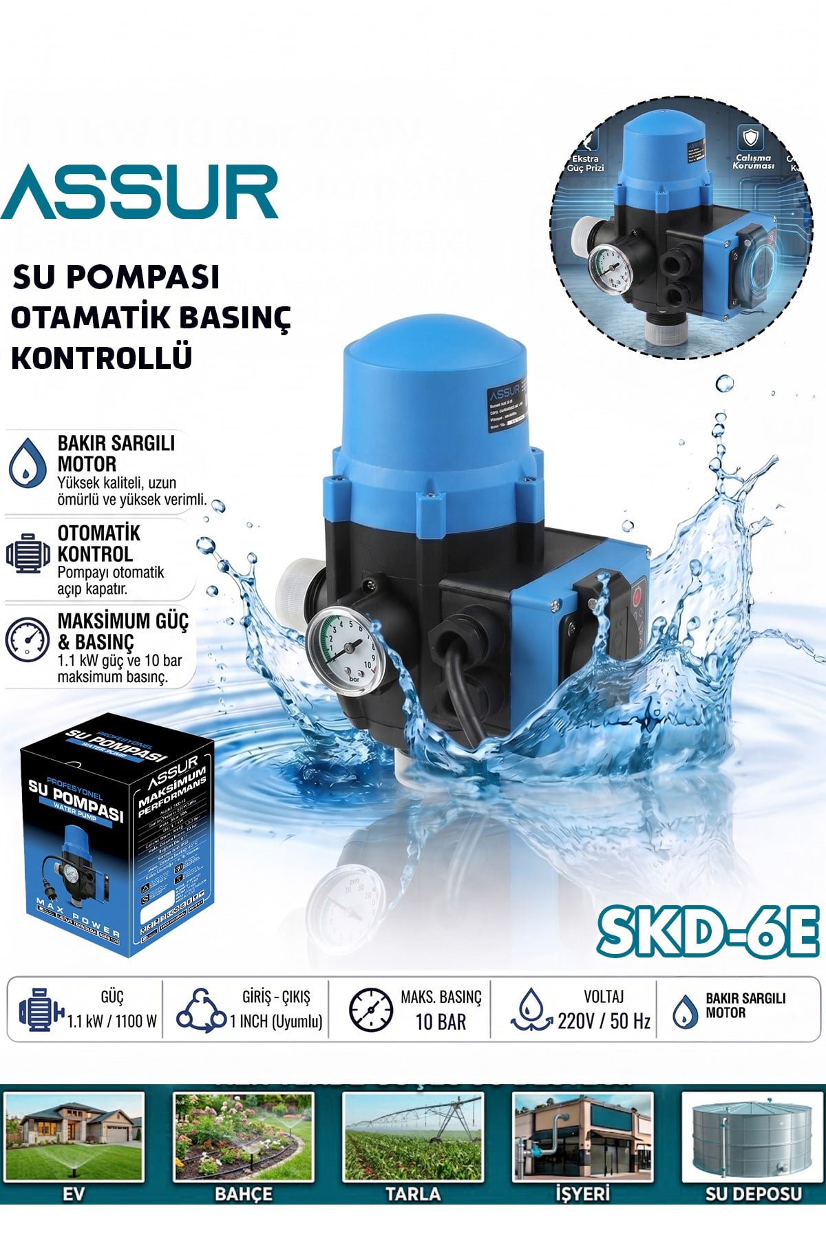 ASSUR 220V Skd-6e 1.1kW 10 Bar Su Pompası Otomatik Basınç Kontrol Cihazı