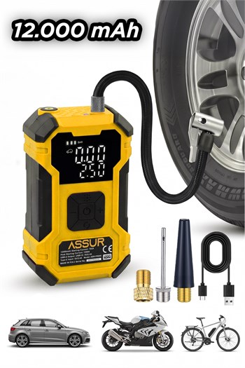 ASSUR 12000mAh Oto Kompresör Powerbank LED Işık