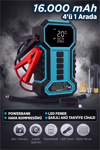 ASSUR 16000mAh Çantalı Akü Takviye Cihazı Hava Kompresörü Powerbank LED Işık