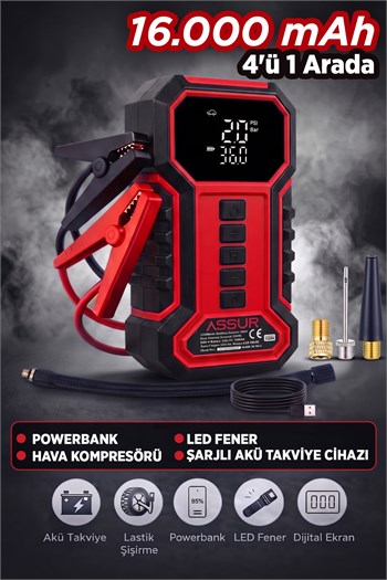 ASSUR 16000mAh Çantalı Akü Takviye Cihazı Hava Kompresörü Powerbank LED Işık