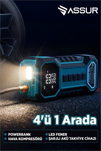 ASSUR 16000mAh Çantalı Akü Takviye Cihazı Hava Kompresörü Powerbank LED Işık