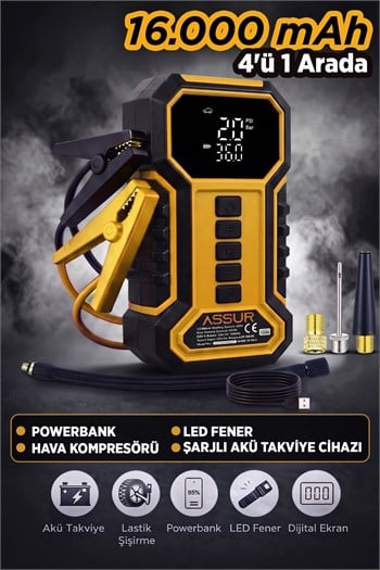 ASSUR 16000mAh Çantalı Akü Takviye Cihazı Hava Kompresörü Powerbank LED Işık