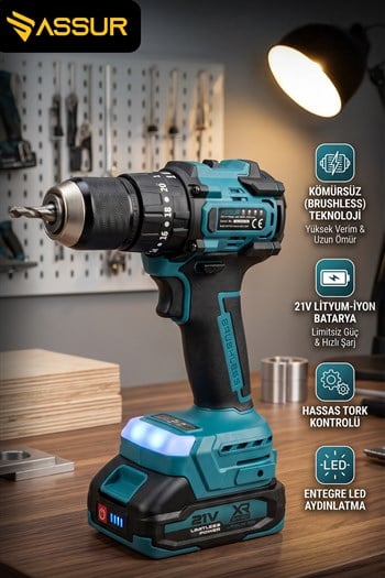 21V Çift Akülü Kömürsüz Motor 13mm Çelik Mandren Şarjlı Darbeli Matkap
