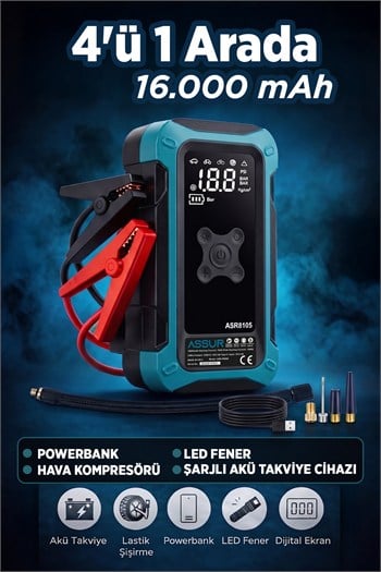 4ü 1 Arada Dijital Göstergeli | Powerbank | Led Fener | Hava Kompresörü| Şarjlı Akü Takviye Cihazı