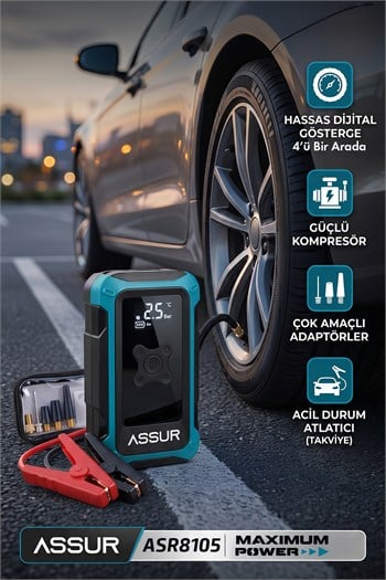 4ü 1 Arada Dijital Göstergeli | Powerbank | Led Fener | Şarjlı Akü Takviye Cihazı | Hava Kompresörü
