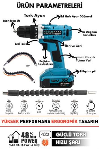 Assur 12V Şarjlı Matkap Çelik Şanzıman Bakır Sargılı Akülü Vidalama