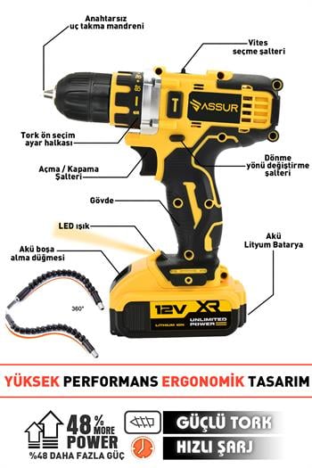 Assur 12V Çift Akü Metal Şanzıman Şarjlı Matkap Akülü Vidalama